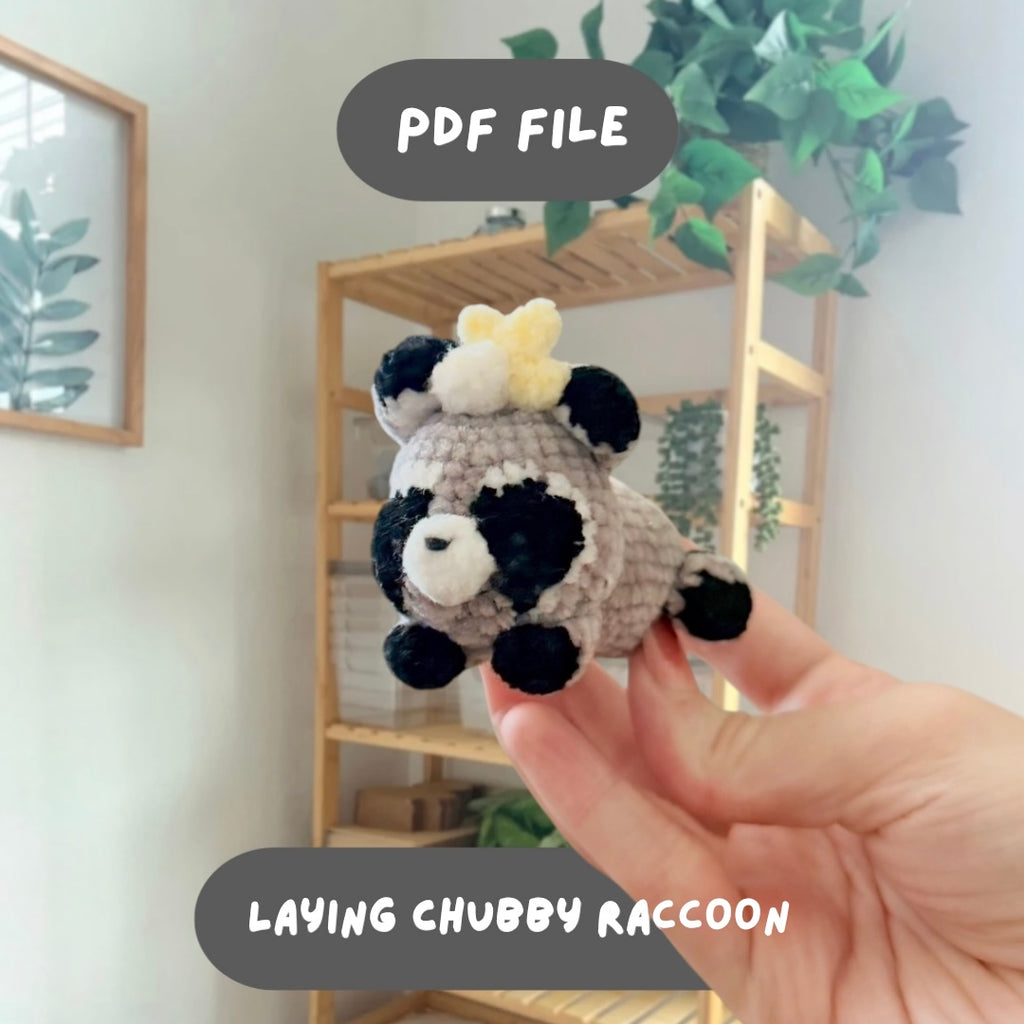 'Laying Chubby Raccoon' crochet amigurumi PDF pattern | US terms